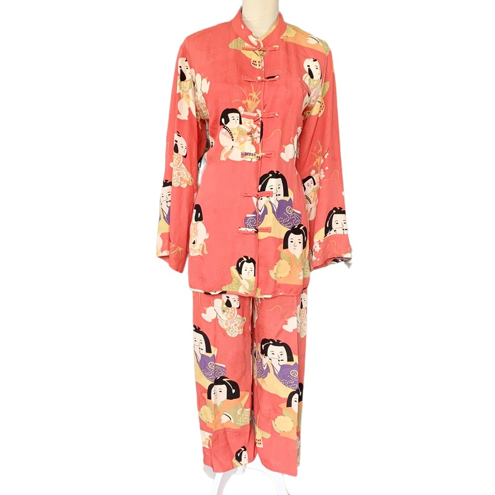 Citron Santa Monica Asian Print Silk Long Sleeve Top & Wide Leg Crop Pant Set